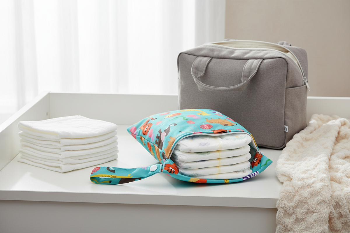 CubPouch animal-print baby wet bag on a nursery changing table