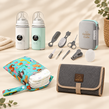 Happy Baby Bundle with CubWarm bottle warmer, CubKit grooming set, CubPouch wet and dry bags, and CubNest portable changing mat