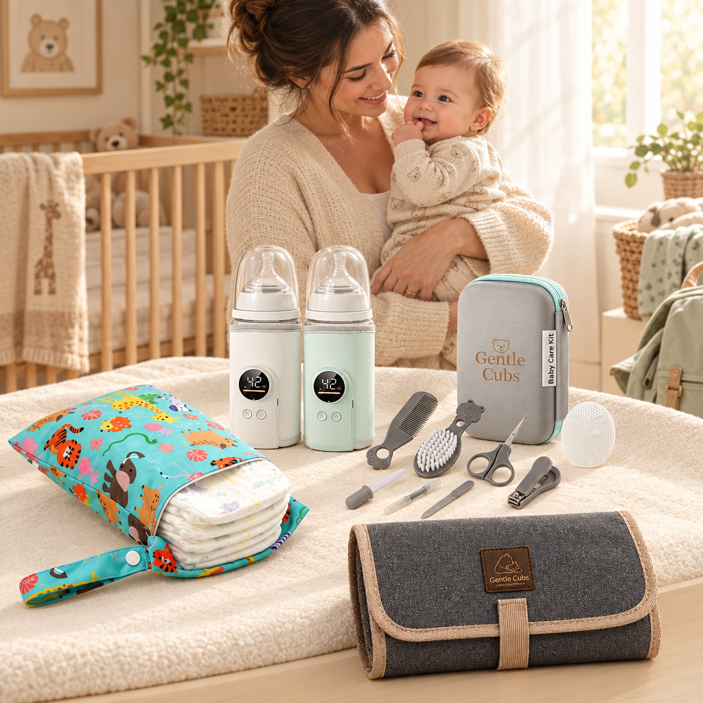 Parent with baby during outing prep, with the CubWarm warmer, CubKit grooming set, CubPouch bags, and CubNest changing mat